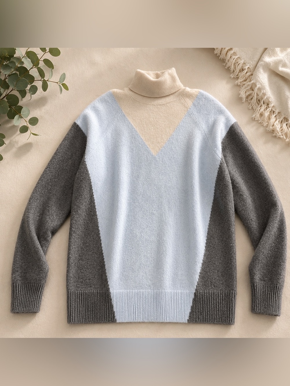 Express Colorblock Turtleneck Sweater in Gray, Cream, and Blue